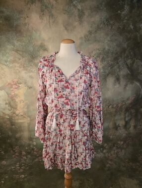 Fanco Floral Bohemian Mini Dress Ruffled Toered Skirt Long Sleeves S